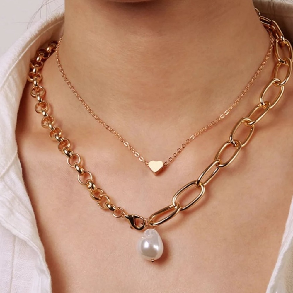 Gold Tone Baroque Double Chunky Chain Necklace